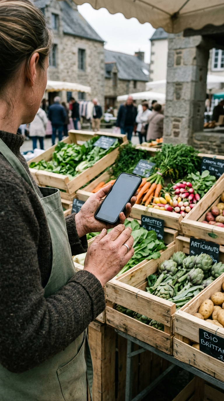 A producer updating their listing on a phone beside crates of carrots, radishes and artichokes at an outdoor market stall