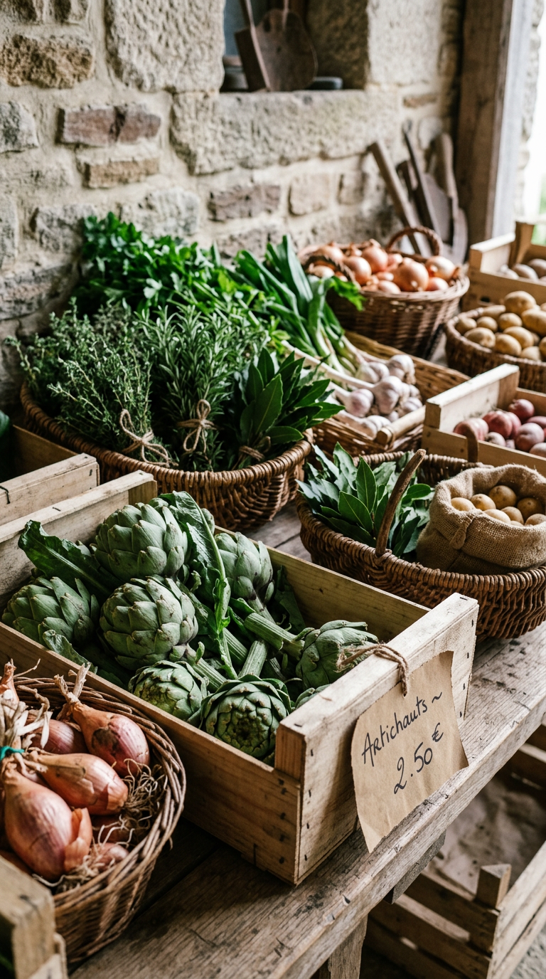 Crates and baskets of artichokes, shallots, herbs and potatoes at a Breton farm shop, with a handwritten paper price tag